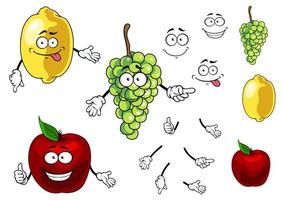 dibujos animados sonrientes frutas de manzana, uva y limón vector