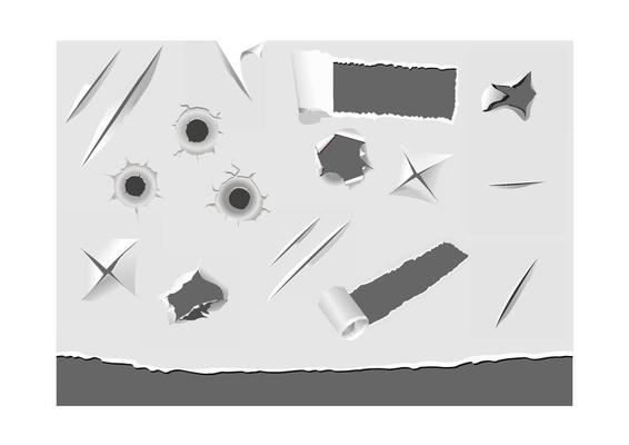 Set of torned and damaged paper elements