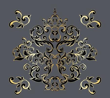Vector damask vintage baroque scroll ornament swirl. Victorian monogram heraldic shield swirl. Retro floral leaf pattern border foliage antique  acanthus calligraphy engraved tattoo.Tile decor element