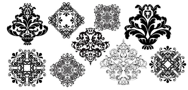 Vector damask vintage baroque scroll ornament swirl. Victorian monogram heraldic shield swirl. Retro floral leaf pattern border foliage antique  acanthus calligraphy engraved tattoo.Tile decor element