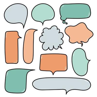 collection set of cute hand drawn line frame border,blank speech bubble balloon green and orange pastel color, think, speak, talk, text box, banner, flat design vector illustration