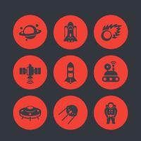 Space icons set, comet, astronaut, UFO, satellite, space probe, shuttle, rocket, planet with asteroid belt vector