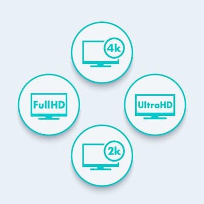 High Definition round icons, Full HD, Ultra HD, 2k, 4k content, vector illustration