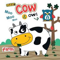 vaca y búho en la granja dibujos animados de animales divertidos vector
