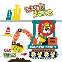 lion and digger funny animal cartoon vector