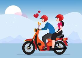feliz hombre y mujer montando una moto. ilustración de dibujos animados vectoriales. vector