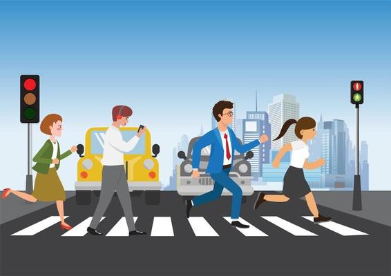Group of students and teachers crossing the road on a zebra crossing with traffic lights, flat vector illustration.