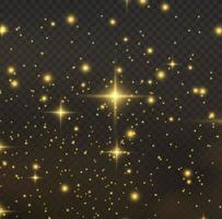 The dust sparks and golden stars shine with special light. Vector sparkles. Christmas light effect.