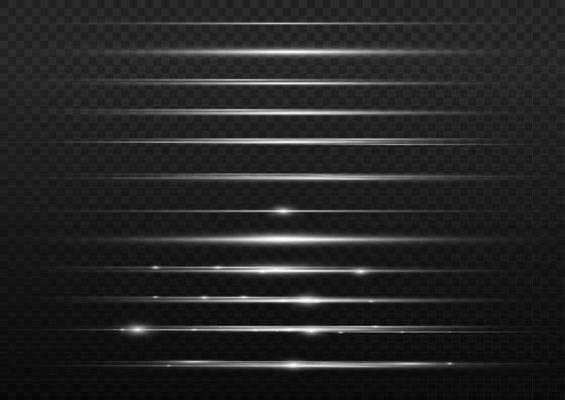White horizontal lens flares pack. Laser beams, horizontal light rays. Beautiful light flares. Glowing streaks on light background. Luminous abstract sparkling lined background.