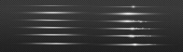 White horizontal lens flares pack. Laser beams, horizontal light rays. Beautiful light flares. Glowing streaks on light background. Luminous abstract sparkling lined background. vector