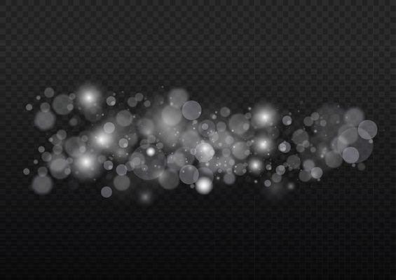 Light abstract glowing bokeh lights. Light bokeh effect isolated. Christmas background from shining dust. Christmas concept flare sparkle. White png dust light.