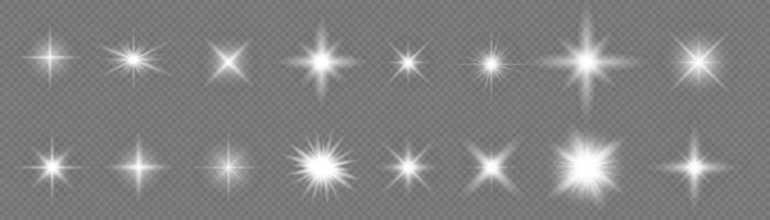 Glow isolated white transparent light effect set, lens flare, explosion, glitter, line, sun flash, spark and stars. Abstract special effect element design. Shine ray with lightning vector