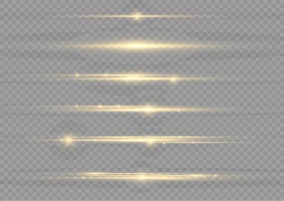Yellow horizontal lens flares pack. Laser beams, horizontal light rays. Beautiful light flares. Glowing streaks on light background. Luminous abstract sparkling lined background.