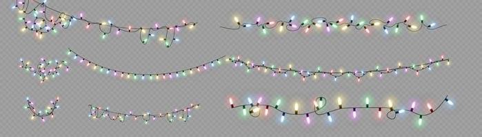 luces de Navidad. línea vectorial con bombillas de luz incandescente. conjunto de ilustración de lámpara de neón led de guirnalda brillante de navidad dorada. luces navideñas aisladas para tarjetas, pancartas, carteles vector