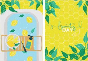 Bath with lemons and leaves. Face wash. A set of posters. Decorated bath for a pleasant evening. Personal care. Home spa for lifestyle design. Trendy banner for any design. Elegant, modern style vector