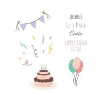 Set of birthday party design elements. Colorful balloons, confetti and decorative hat. Vector illustration