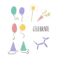 Set of birthday party design elements. Colorful balloons, confetti and decorative hat. Vector illustration