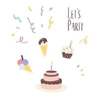 Cute birthday party design elements. ice cream confetti and cupcake. Vector set