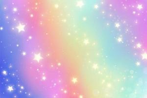 Rainbow unicorn background. Pastel color sky with bright stars. Fantasy striped cartoon galaxy. Cute holographic vector illustration.