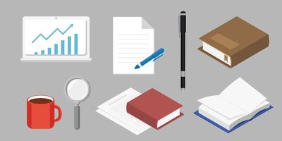 Collection set of office objects notebook document paper pen book vector