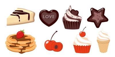 Collection set of dessert object cheese cake pancake chocolate muffin cookie cherry strawberry vector