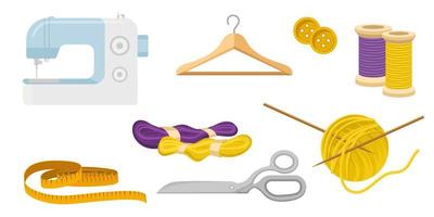 Collection set of sewing kit sewing machine scissors wool thread coat hanger measurement tape button vector