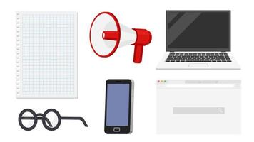 Collection set of office object notebook computer browser smart phone paper document glasses megaphone vector