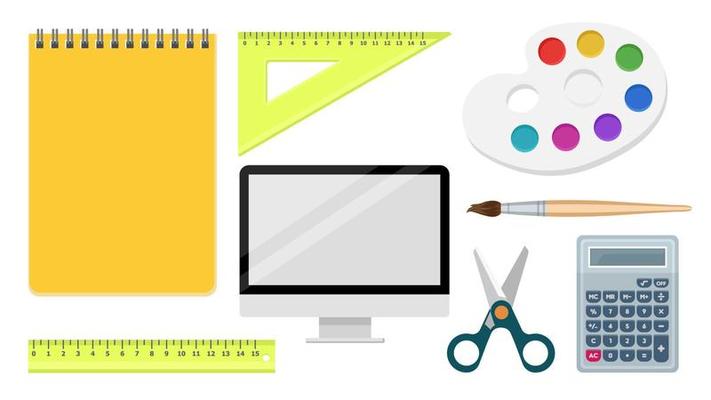 Collection set of school study obejct notebook computer ruler scissors calculator palette painting brush