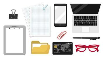 conjunto de colección de objetos de oficina portapapeles cuaderno comupter teléfono inteligente gafas pluma tarjeta de crédito documento papel vector