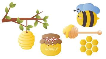 Collection set of cartoon cute honey object bee honeycomb tree branch honey beehive vector