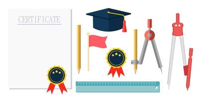 Collection set of cartoon objects certificate document paper bachelor hat pencil compass flag ruler vector