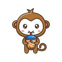 Cute litle monkey drink a cup of chocolate cartoon illustration isolated suitable For sticker, crafting, scrapbooking, poster, packaging, children book cover