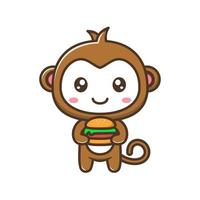 Cute litle monkey with burger cartoon illustration isolated suitable For sticker, crafting, scrapbooking, poster, packaging, children book cover vector