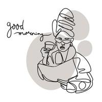 buenos días, dibujo de una línea, chica con una taza de café, moda vector