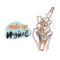 Makeup is magical, handwritten lettering, hand with bright long nails holds lipstick and nail polish vector