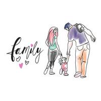 familia, letras escritas a mano, familia feliz de dibujos animados, mamá, papá e hija pequeña vector