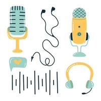 Podcast set. Vector illustration. Doodle style. Collection for broadcasting. Microphones and headphones.