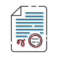 apostillas y servicios de legalización de documentos icono de color. traducción profesional. validacion juridica. documento notariado. documento firmado con sello. licencia de traductor. ilustración vectorial aislada vector