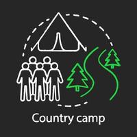 Country tent camp chalk concept icon. Summer hiking adventure and camping club, holiday resort idea.Travelling in woods, backpacking in forest. Vector isolated chalkboard illustration