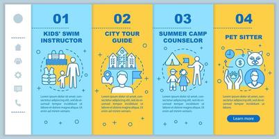 Summer part-time jobs onboarding mobile web pages vector template. Tour guide. Responsive smartphone website interface idea with linear illustrations. Webpage walkthrough step screens. Color concept