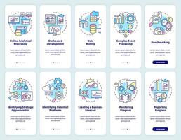 Business analytics and intelligence onboarding mobile app screen set. Walkthrough 5 steps graphic instructions pages with linear concepts. UI, UX, GUI template. vector