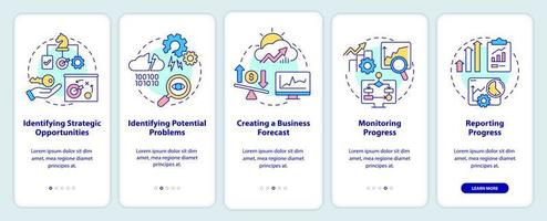 tareas de análisis de negocios incorporando la pantalla de la aplicación móvil. identificar problemas tutorial 5 pasos páginas de instrucciones gráficas con conceptos lineales. interfaz de usuario, ux, plantilla de interfaz gráfica de usuario. vector