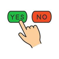 Yes or no click color icon. Accept and decline buttons. Hand pressing button. Isolated vector illustration