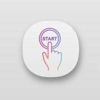 Start button click app icon. Launch. Hand pushing button. UI UX user interface. Web or mobile application. Vector isolated illustration