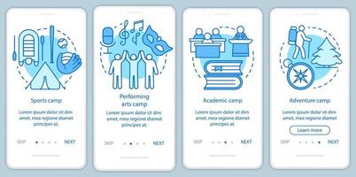 interés, campamentos de pasatiempos que incorporan la pantalla de la página de la aplicación móvil con conceptos lineales. club de talentos, instrucciones gráficas de los pasos del recorrido de la comunidad. ux, ui, plantilla vectorial gui con ilustraciones vector