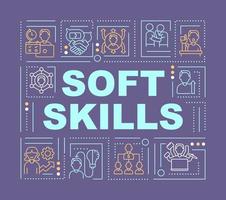 Essential soft skills word concepts dark purple banner. Solving problems. Infographics with icons on color background. Isolated typography. Vector illustration with text.