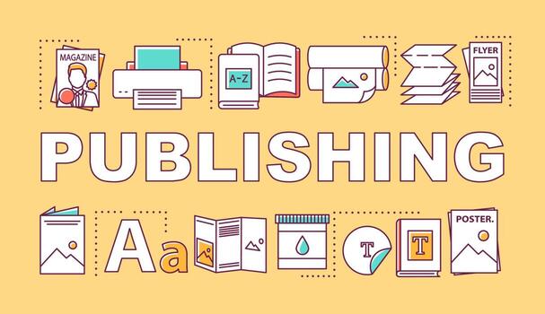 Publishing word concepts banner. Edition of magazines, books. Production of printed materials. Presentation, website. Isolated lettering typography idea with linear icons. Vector outline illustration