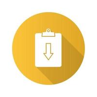 Assignment returned flat design long shadow glyph icon. Clipboard with down arrow. Vector silhouette illustration