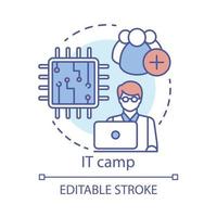 Information technology camp concept icon. Employment, recognition for young professionals idea thin line illustration. Presenting new inventions. Vector isolated outline drawing. Editable stroke