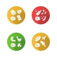 Vitamins flat design long shadow glyph icons set. D, E, B2, B3 vitamins natural food source. Dairy products, nuts. Proper nutrition. Healthy food. Minerals, antioxidant. Vector silhouette illustration